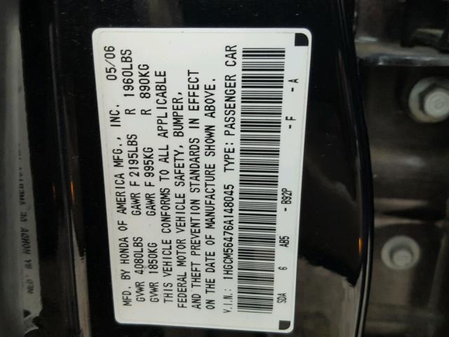 1HGCM56476A148045 - 2006 HONDA ACCORD LX BLACK photo 10