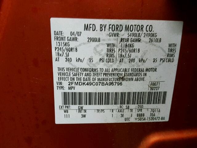 2FMDK49C07BA96796 - 2007 FORD EDGE SEL P ORANGE photo 10