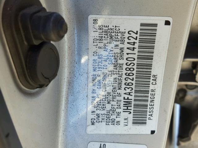 JHMFA36268S014422 - 2008 HONDA CIVIC HYBR SILVER photo 10