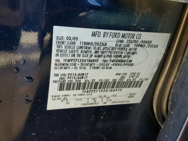 1FAFP27155G166910 - 2005 FORD FIVE HUNDR BLUE photo 10