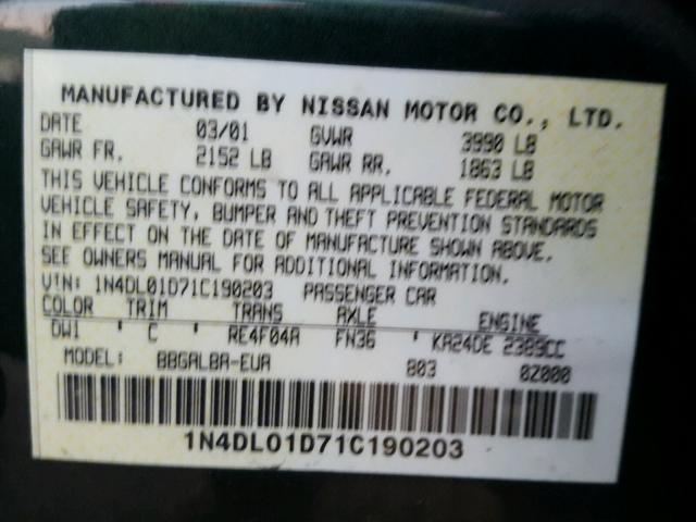 1N4DL01D71C190203 - 2001 NISSAN ALTIMA XE GREEN photo 10