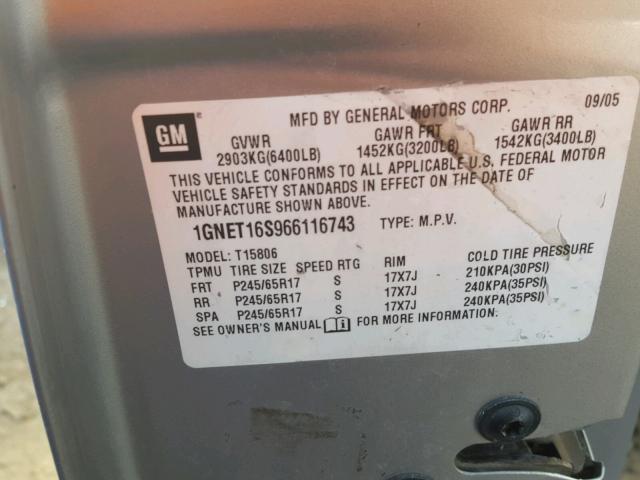 1GNET16S966116743 - 2006 CHEVROLET TRAILBLAZE GRAY photo 10