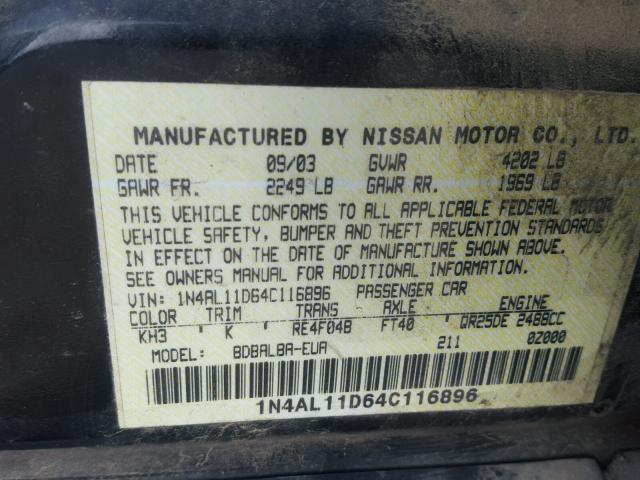 1N4AL11D64C116896 - 2004 NISSAN ALTIMA BAS BLACK photo 10