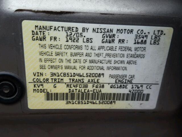 3N1CB51D46L520089 - 2006 NISSAN SENTRA 1.8 GRAY photo 10