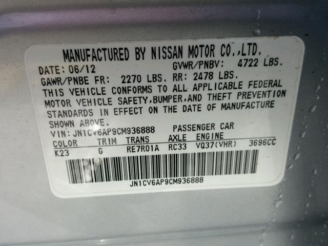 JN1CV6AP9CM936888 - 2012 INFINITI G37 BASE SILVER photo 10