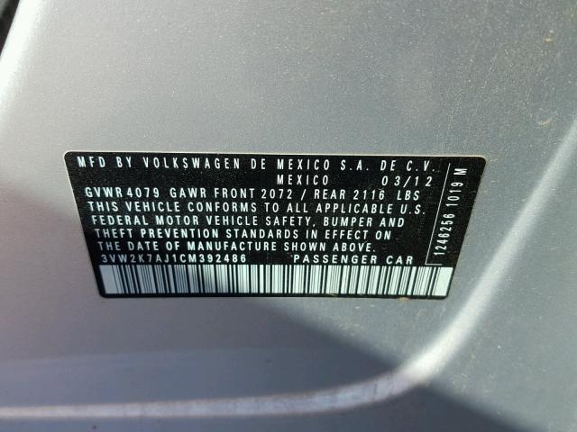 3VW2K7AJ1CM392486 - 2012 VOLKSWAGEN JETTA BASE ვერცხლისფერი ფოტო 10