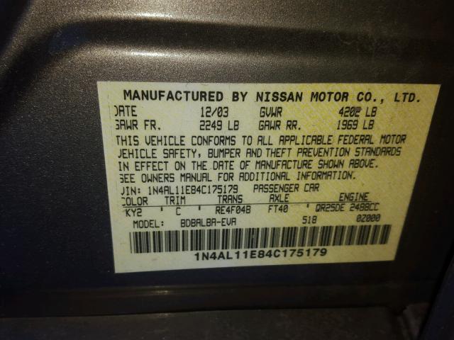 1N4AL11E84C175179 - 2004 NISSAN ALTIMA BAS GRAY photo 10