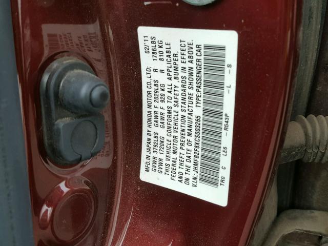 JHMFB2F8XCS003265 - 2012 HONDA CIVIC EX 红色 照片 10