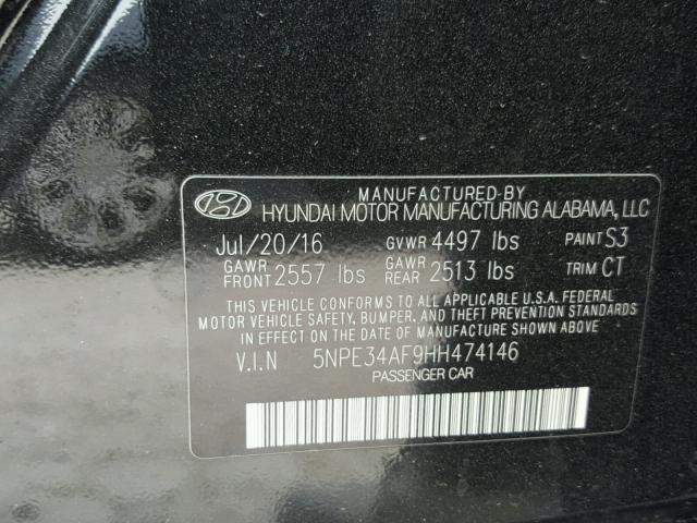 5NPE34AF9HH474146 - 2017 HYUNDAI SONATA SPO BLACK photo 10