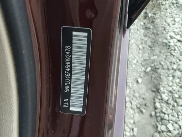 5NPEU46F46H092478 - 2006 HYUNDAI SONATA GLS MAROON photo 10