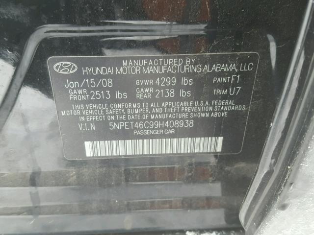 5NPET46C99H408938 - 2009 HYUNDAI SONATA GLS BLACK photo 10