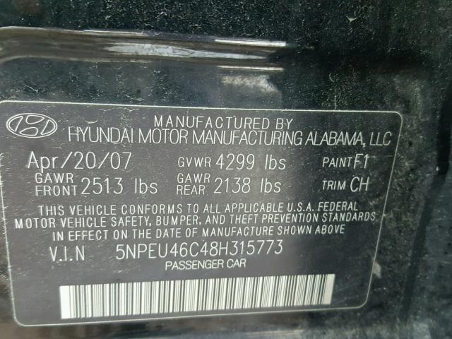 5NPEU46C48H315773 - 2008 HYUNDAI SONATA SE BLACK photo 10