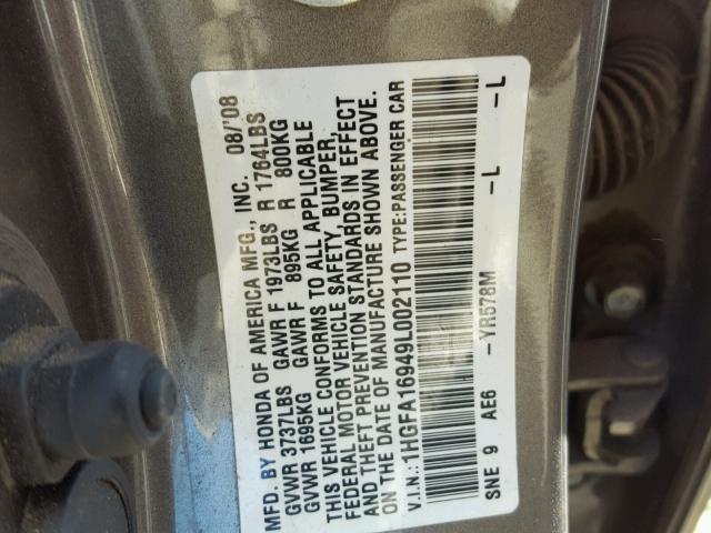 1HGFA16949L002110 - 2009 HONDA CIVIC EXL GRAY photo 10