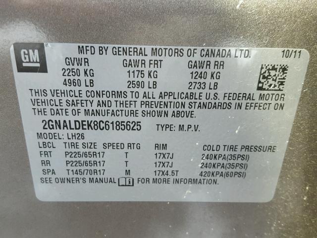 2GNALDEK8C6185625 - 2012 CHEVROLET EQUINOX LT GRAY photo 10