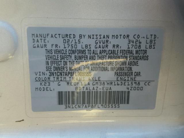 3N1CN7AP8FL905555 - 2015 NISSAN VERSA S SILVER photo 10