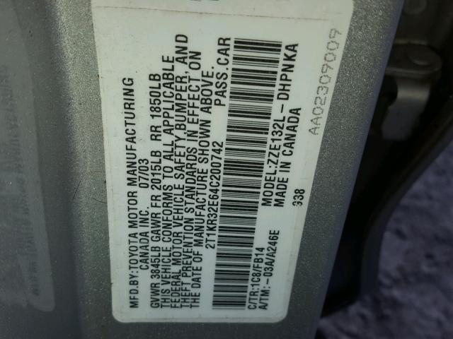 2T1KR32E64C200742 - 2004 TOYOTA COROLLA MA SILVER photo 10