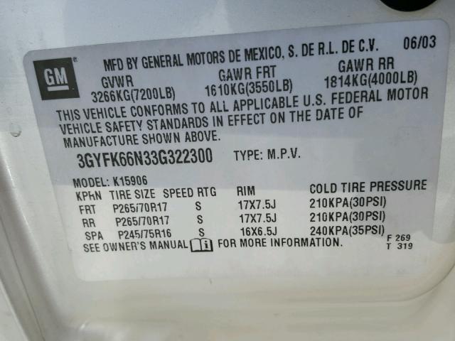 3GYFK66N33G322300 - 2003 CADILLAC ESCALADE E WHITE photo 10