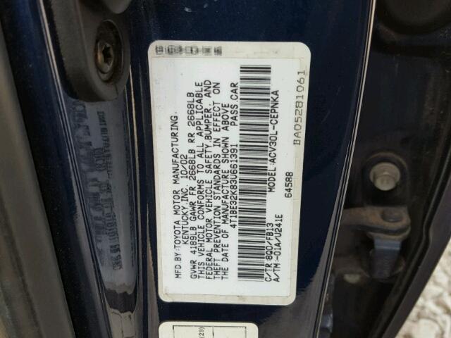 4T1BE32K83U661391 - 2003 TOYOTA CAMRY LE BLUE photo 10