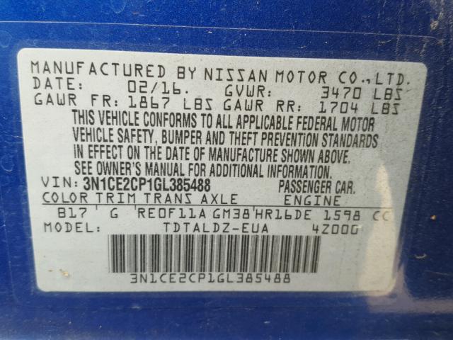 3N1CE2CP1GL385488 - 2016 NISSAN VERSA NOTE BLUE photo 10