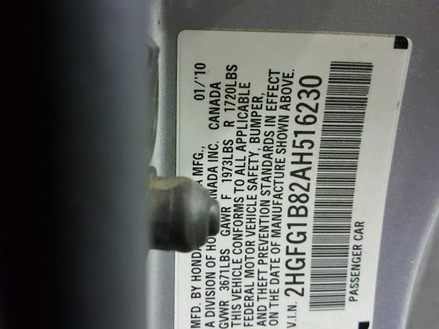 2HGFG1B82AH516230 - 2010 HONDA CIVIC EX ვერცხლისფერი ფოტო 10