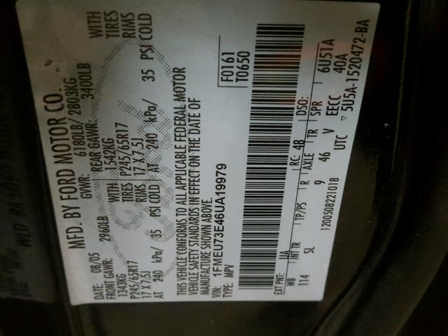 1FMEU73E46UA19979 - 2006 FORD EXPLORER X BLACK photo 10