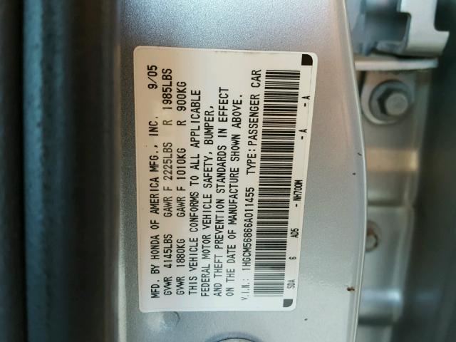 1HGCM56866A011455 - 2006 HONDA ACCORD EX SILVER photo 10