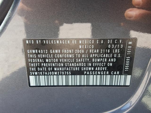 3VW1K7AJ0DM279755 - 2013 VOLKSWAGEN JETTA BASE GRAY photo 10