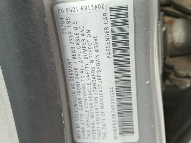 WVWPD63B74P333344 - 2004 VOLKSWAGEN PASSAT GLS GRAY photo 10