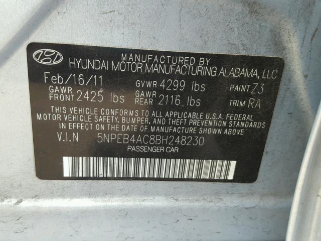 5NPEB4AC8BH248230 - 2011 HYUNDAI SONATA GLS GRAY photo 10