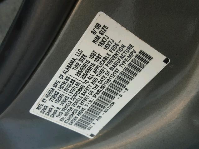 5FNRL38718B112157 - 2008 HONDA ODYSSEY EX GRAY photo 10