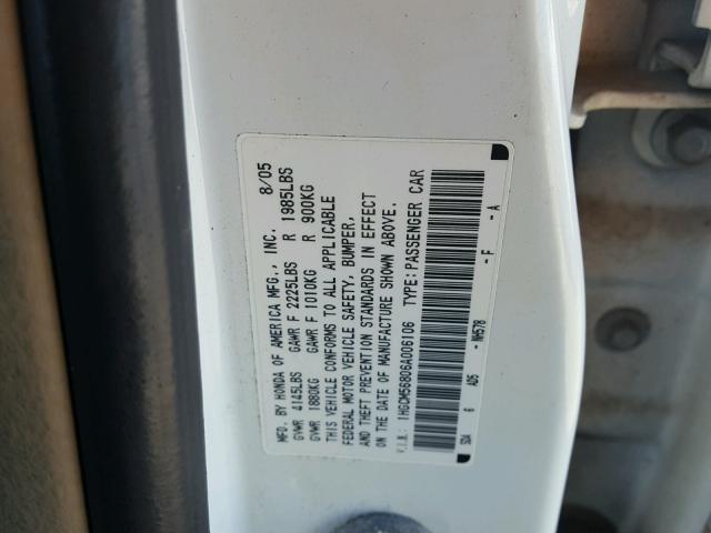 1HGCM56806A006106 - 2006 HONDA ACCORD EX WHITE photo 10