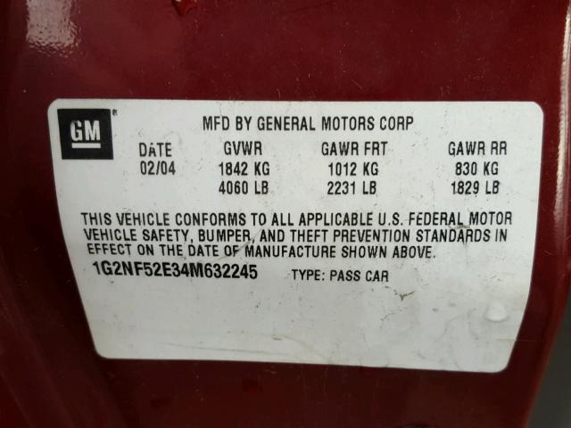 1G2NF52E34M632245 - 2004 PONTIAC GRAND AM S MAROON photo 10
