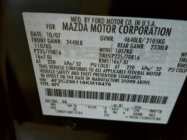 4F2CZ96118KM18476 - 2008 MAZDA TRIBUTE S BLACK photo 10