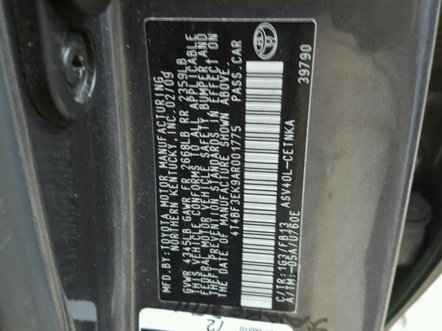 4T4BF3EK9AR001775 - 2010 TOYOTA CAMRY BASE GRAY photo 10