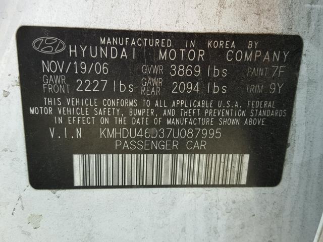 KMHDU46D37U087995 - 2007 HYUNDAI ELANTRA GL WHITE photo 10