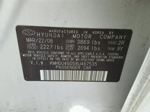 KMHDU46D58U467535 - 2008 HYUNDAI ELANTRA GL SILVER photo 10