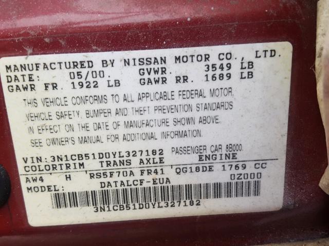 3N1CB51D0YL327182 - 2000 NISSAN SENTRA BAS RED photo 10