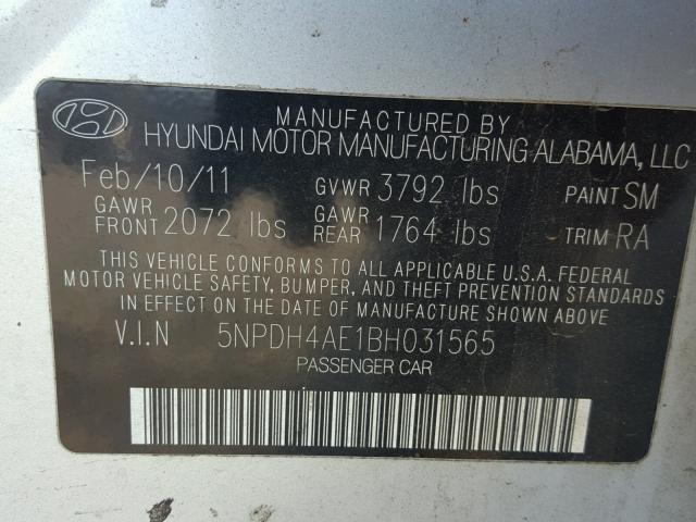 5NPDH4AE1BH031565 - 2011 HYUNDAI ELANTRA GL SILVER photo 10