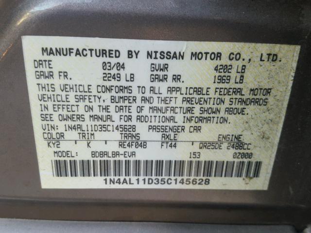 1N4AL11D35C145628 - 2005 NISSAN ALTIMA S BEIGE photo 10