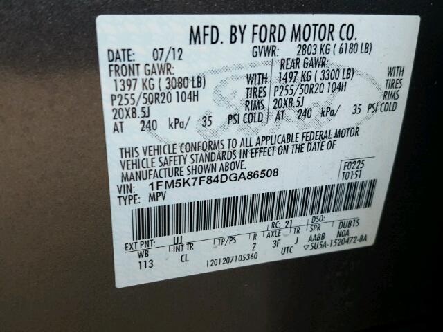 1FM5K7F84DGA86508 - 2013 FORD EXPLORER L GRAY photo 10