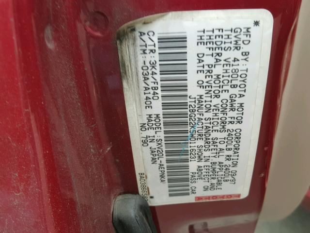 JT2BG22K5W0116231 - 1998 TOYOTA CAMRY CE MAROON photo 10