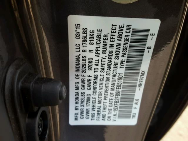 19XFB2F89FE051901 - 2015 HONDA CIVIC EX ნაცრისფერი ფოტო 10