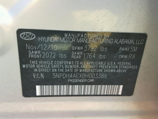 5NPDH4AEXBH003389 - 2011 HYUNDAI ELANTRA GL SILVER photo 10