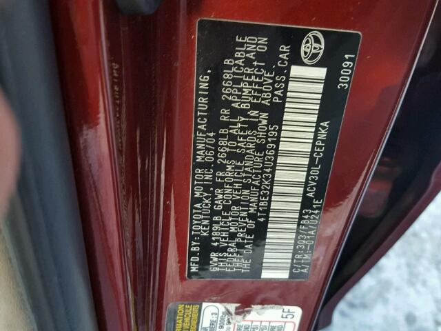 4T1BE32K34U369195 - 2004 TOYOTA CAMRY LE BURGUNDY photo 10