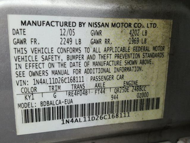 1N4AL11D26C168111 - 2006 NISSAN ALTIMA S SILVER photo 10