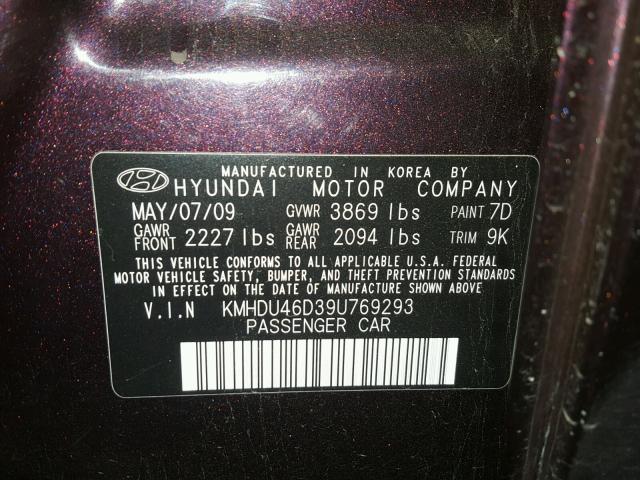 KMHDU46D39U769293 - 2009 HYUNDAI ELANTRA GL PURPLE photo 10