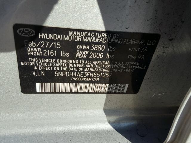 5NPDH4AE3FH651257 - 2015 HYUNDAI ELANTRA SE SILVER photo 10