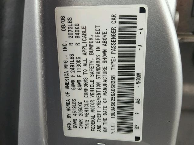 19UUA66256A068258 - 2006 ACURA 3.2TL SILVER photo 10