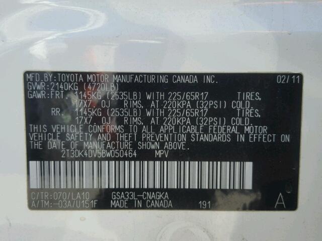 2T3DK4DV5BW050464 - 2011 TOYOTA RAV4 LIMIT WHITE photo 10