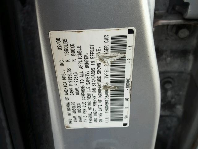 1HGCM56106A094545 - 2006 HONDA ACCORD VAL SILVER photo 10